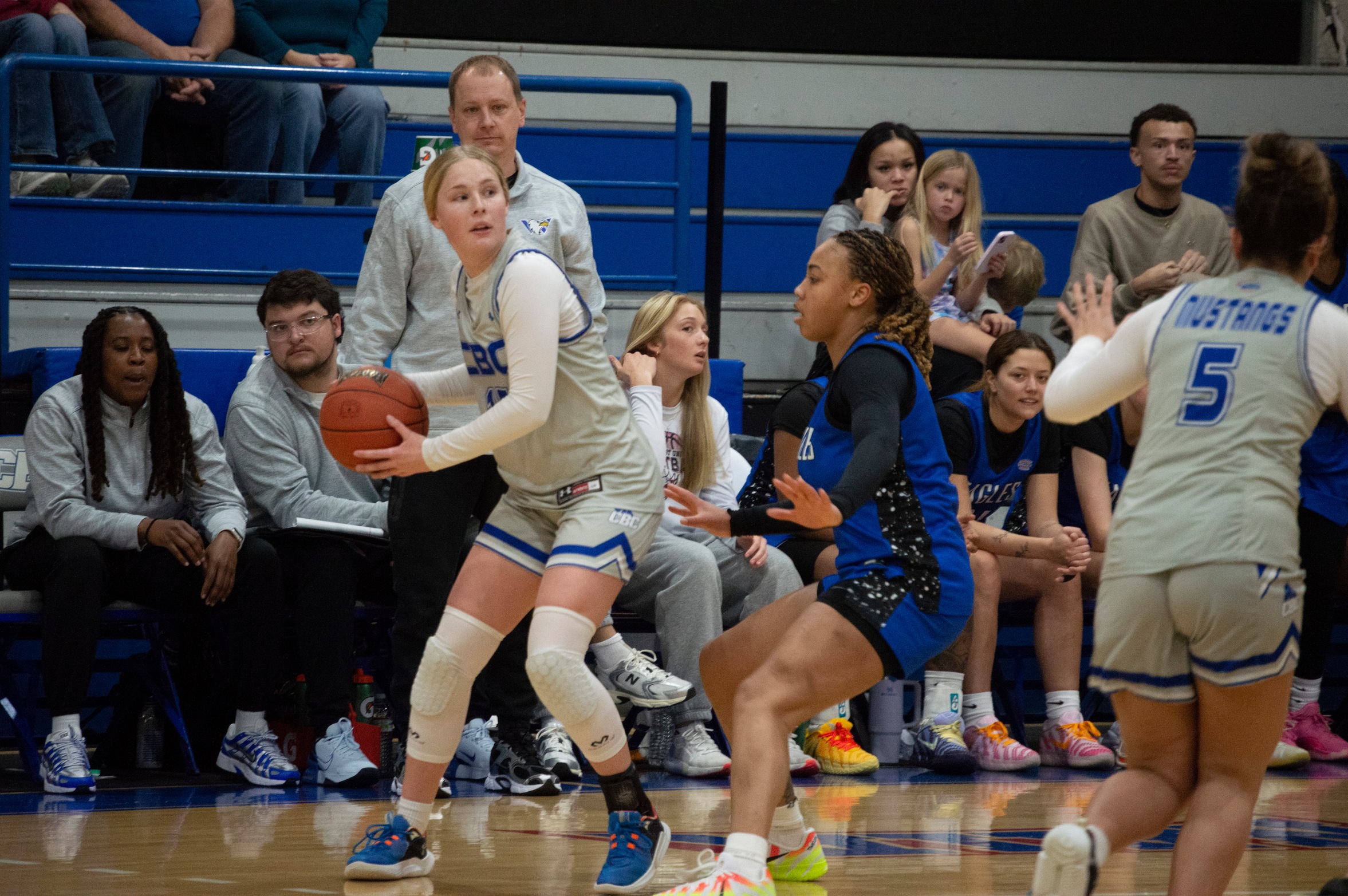 Addison Hudspeth looks to pass the ball away from a Williams Baptist defender on 1/21/26